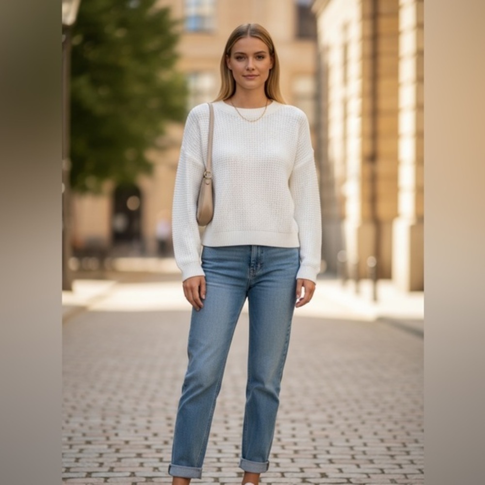 BP. White Waffle Knit Sweater Medium | Textured Crewneck Cotton Blend Pullover